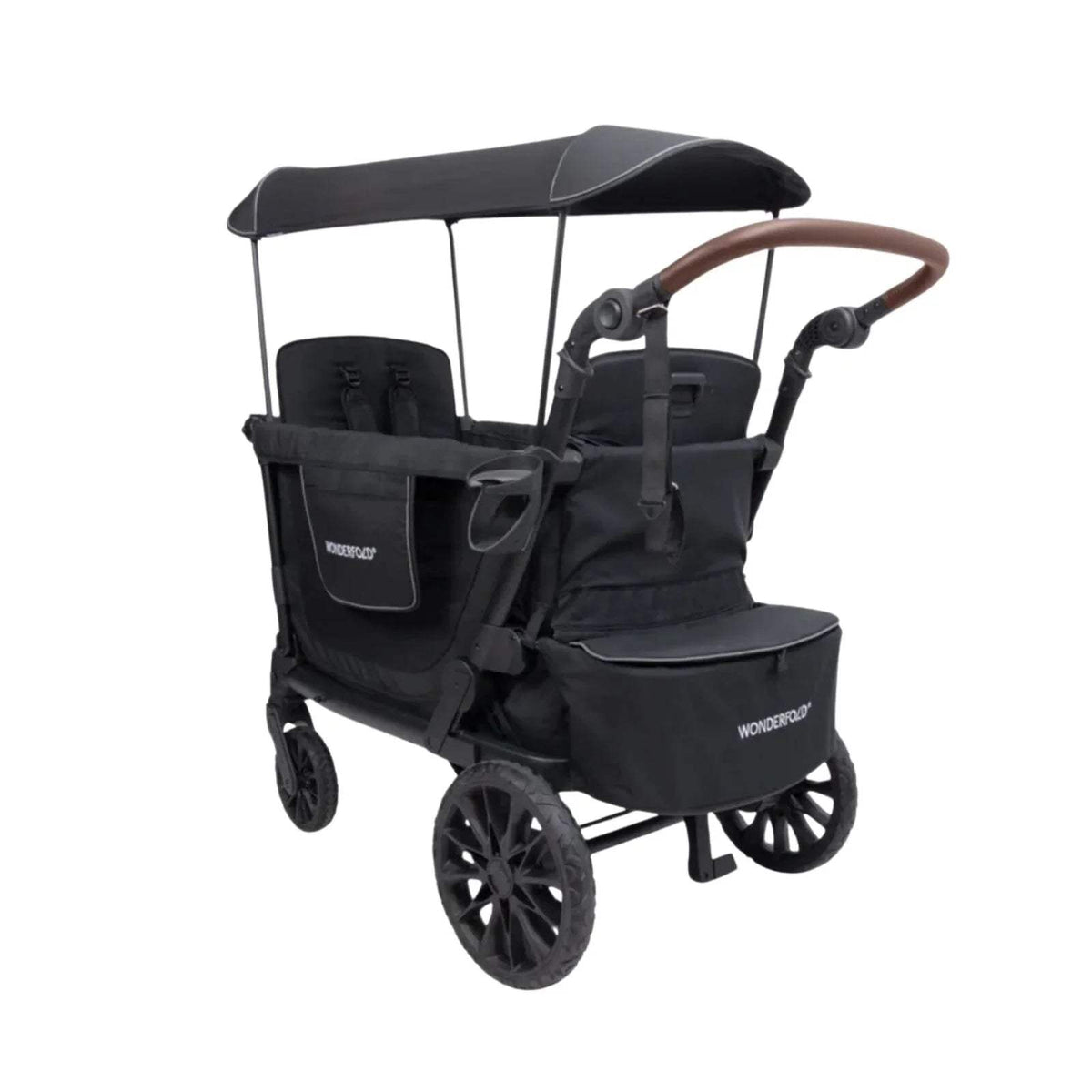 Black quad stroller wagon with canopy, padded seats, harness straps, and large wheels