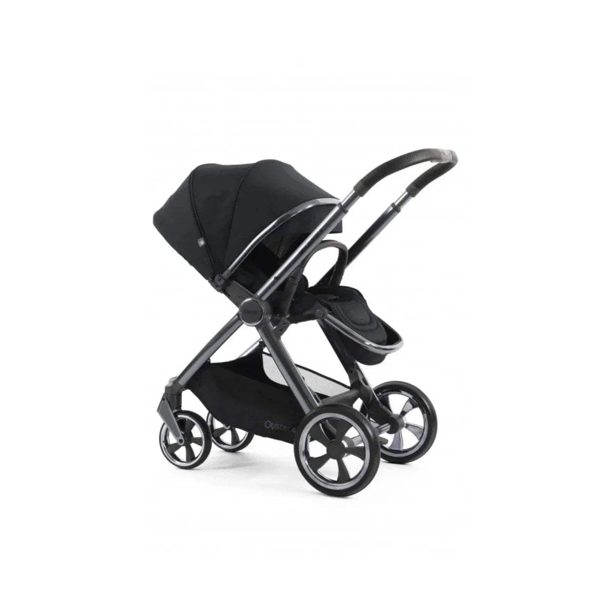 Carbonite single stroller rear/side view with dark canopy and compact fold frame