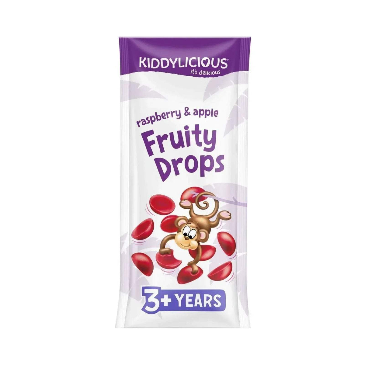 Fruity Drops snack bag, raspberry and apple flavor, 3+ years, purple and white pack