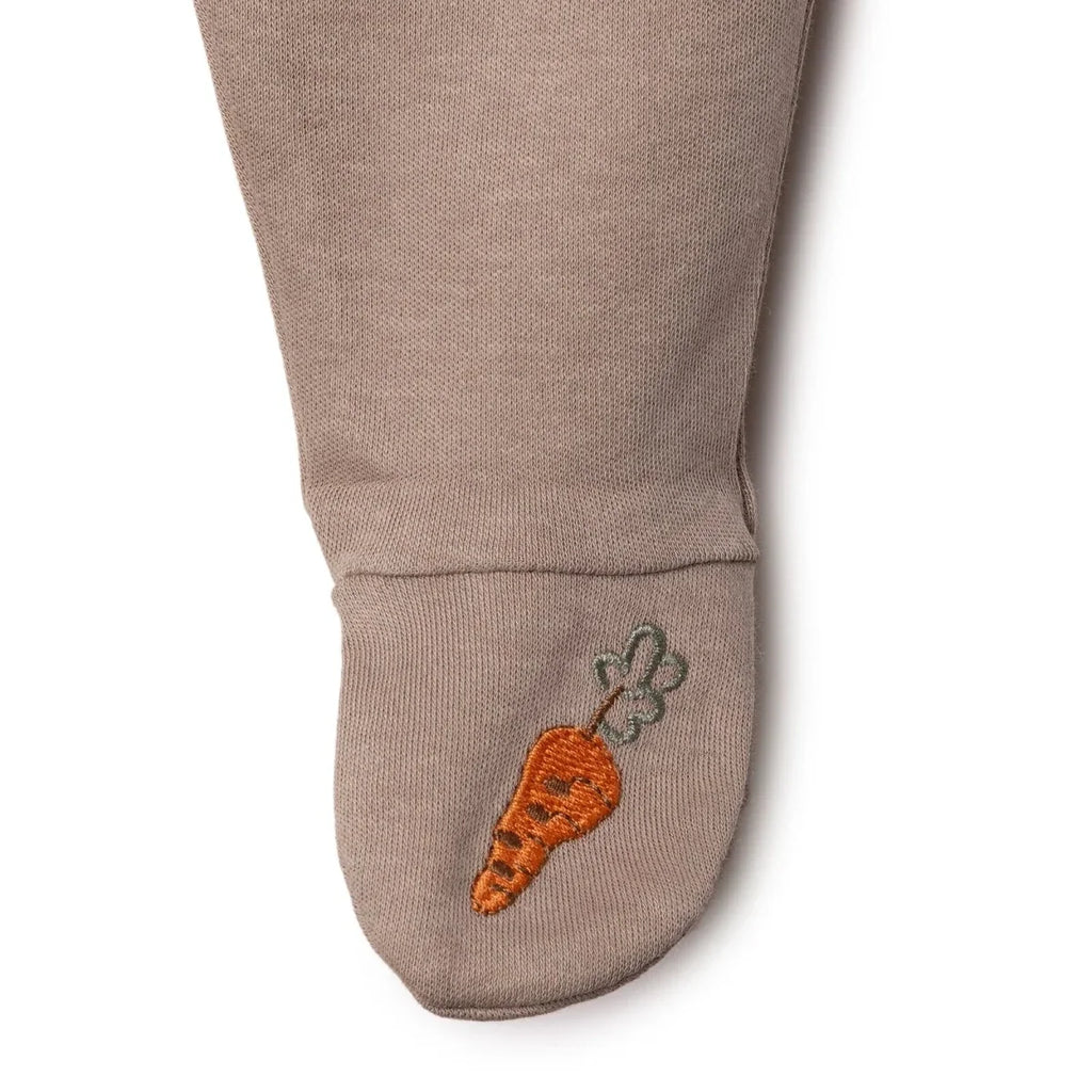 Taupe footed pant cuff with carrot embroidery