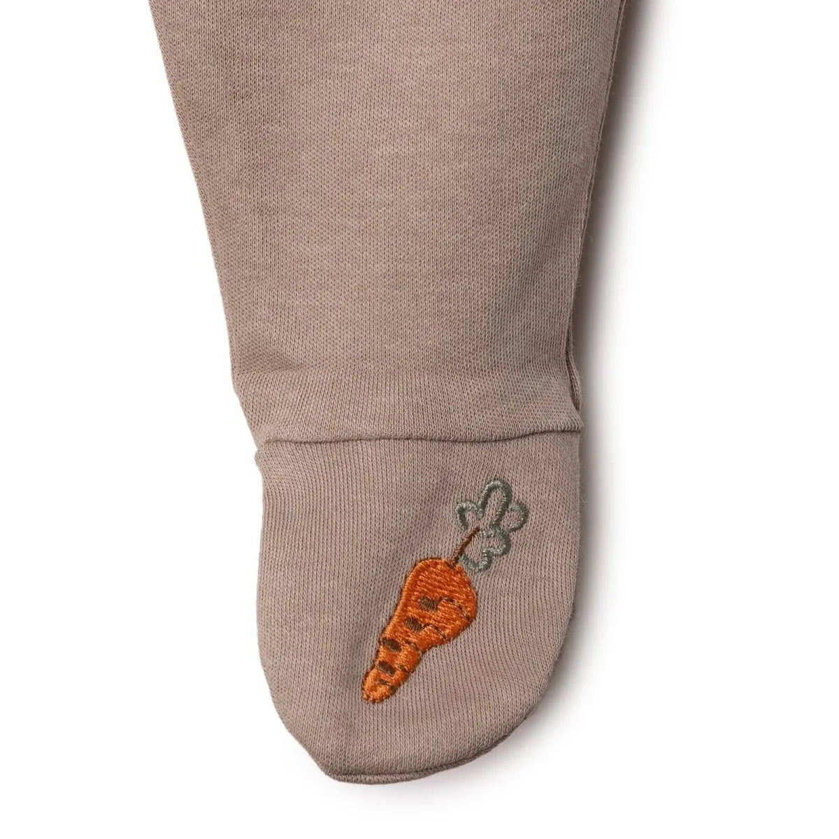 Taupe footed pant cuff with carrot embroidery