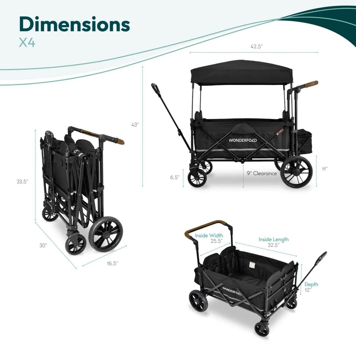 Dark navy quad stroller wagon with canopy; labeled product dimensions on diagram