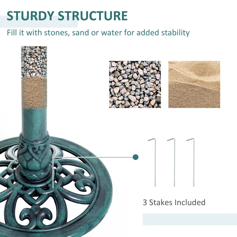 Green bird bath stand with decorative base and textured pedestal section