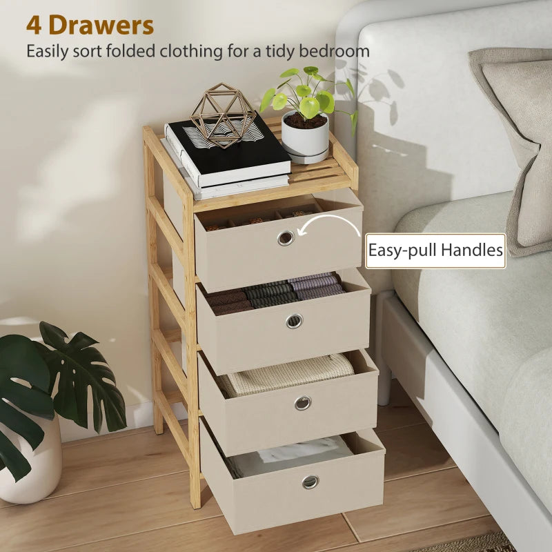 Cream 4-drawer bamboo-frame dresser with open fabric drawers and round metal pulls
