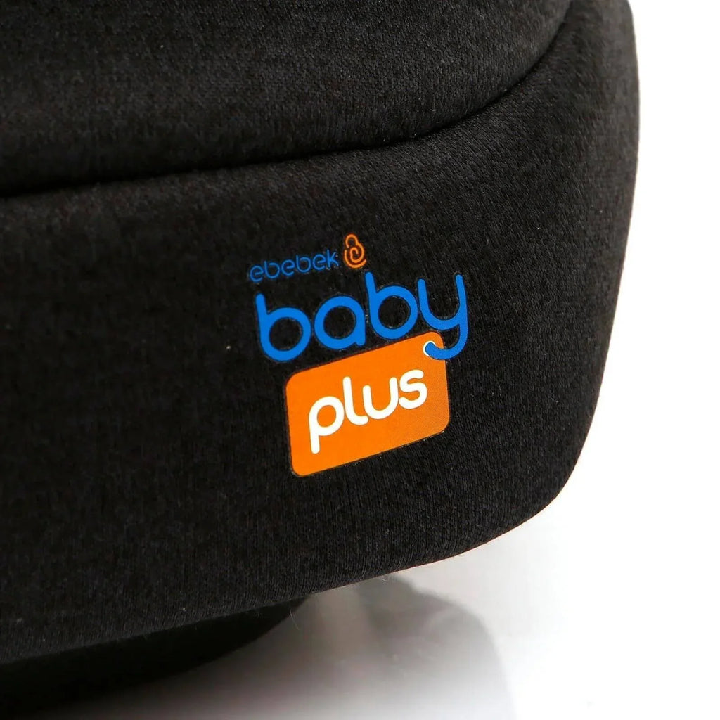 Black booster car seat branding patch reading "ebebek baby plus"