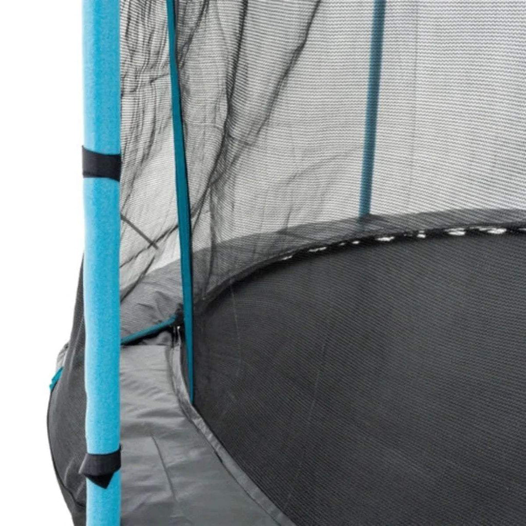 Trampoline safety net side panel with blue posts and gray mesh border