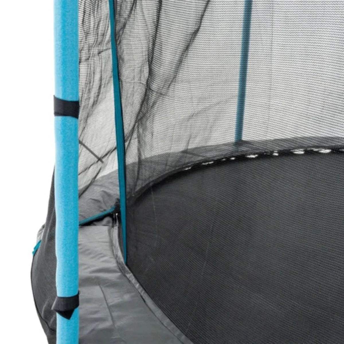 Trampoline safety net side panel with blue posts and gray mesh border