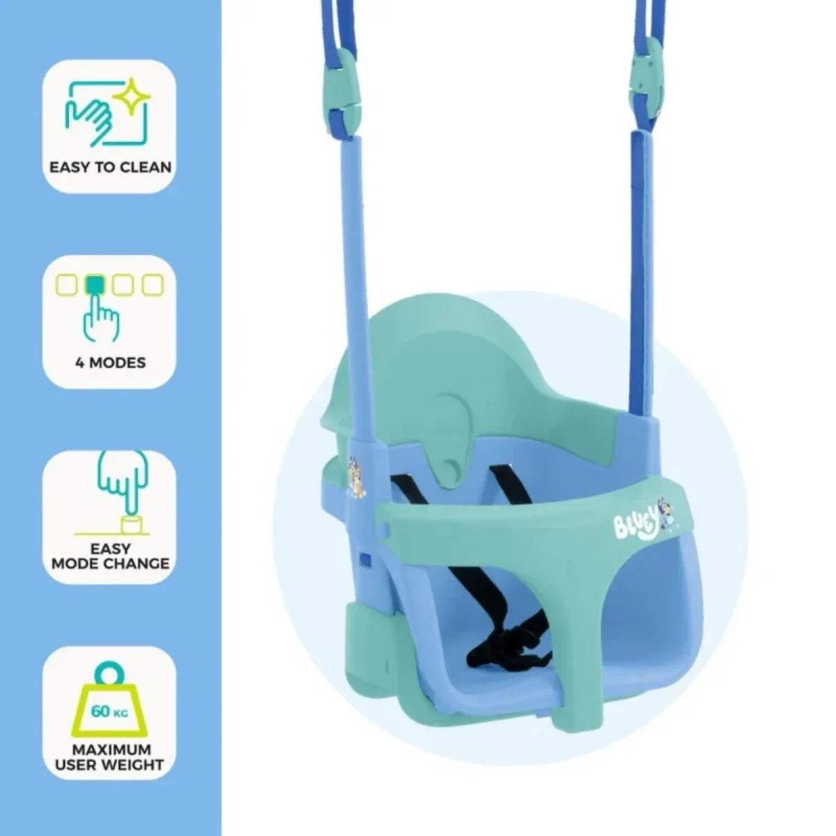 Turquoise swing seat with blue suspension straps and easy-to-clean design