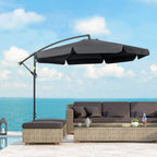 Black banana cantilever umbrella with extended canopy and vertical pole