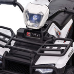 Front detail of kids quad bike with lit headlight, E160 badge, and protective front rack.