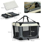 Grey foldable pet carrier set with cushion and fold-out base, with size measurements shown