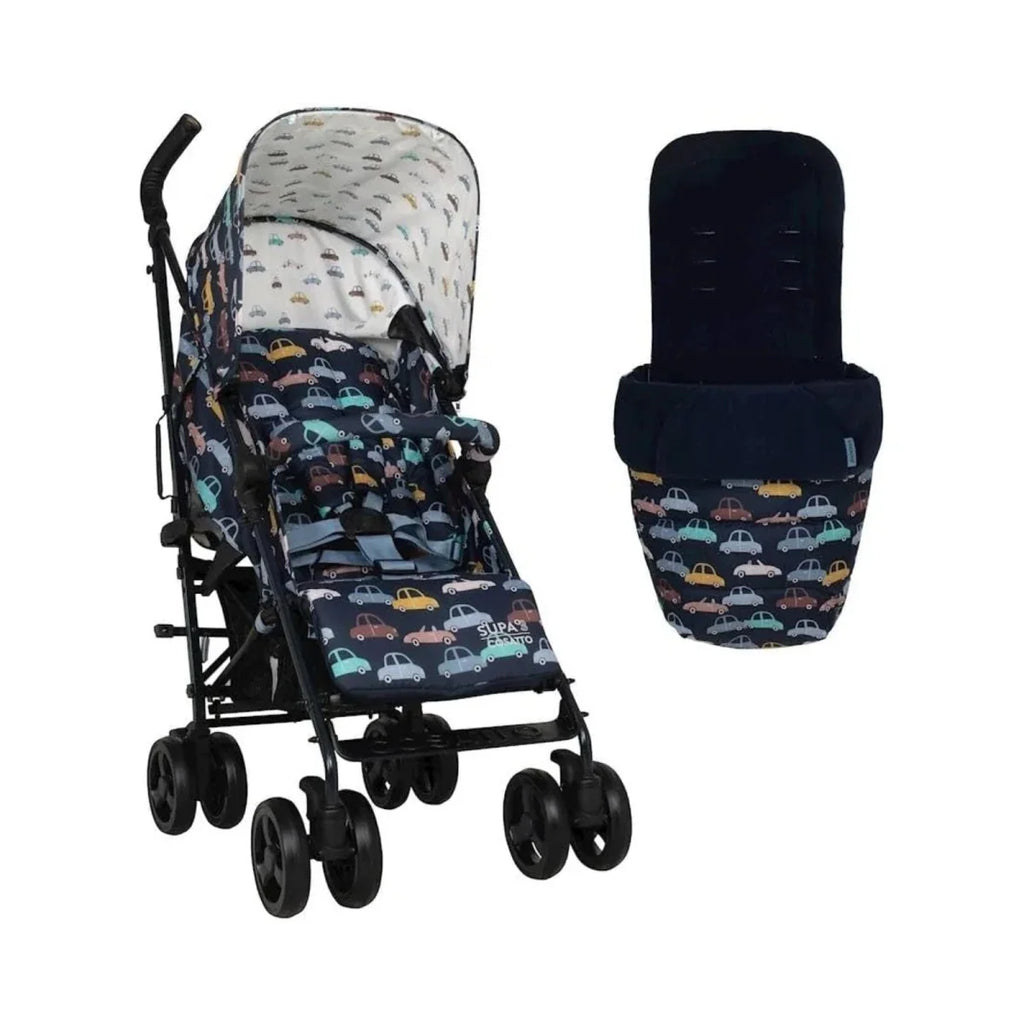 Car-print stroller with navy footmuff, black frame, front three-quarter view