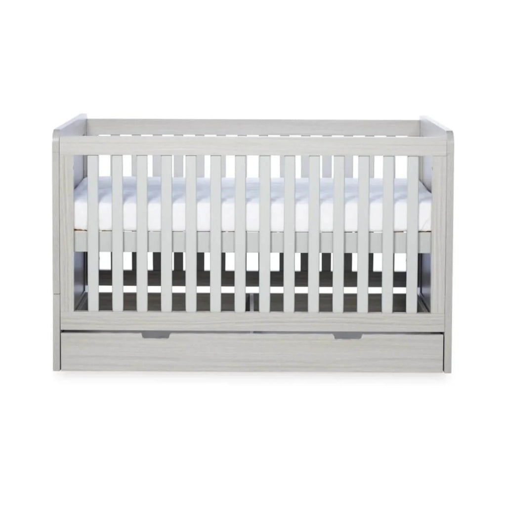 Ash grey cot bed frame front view with inner slats and under-drawer storage