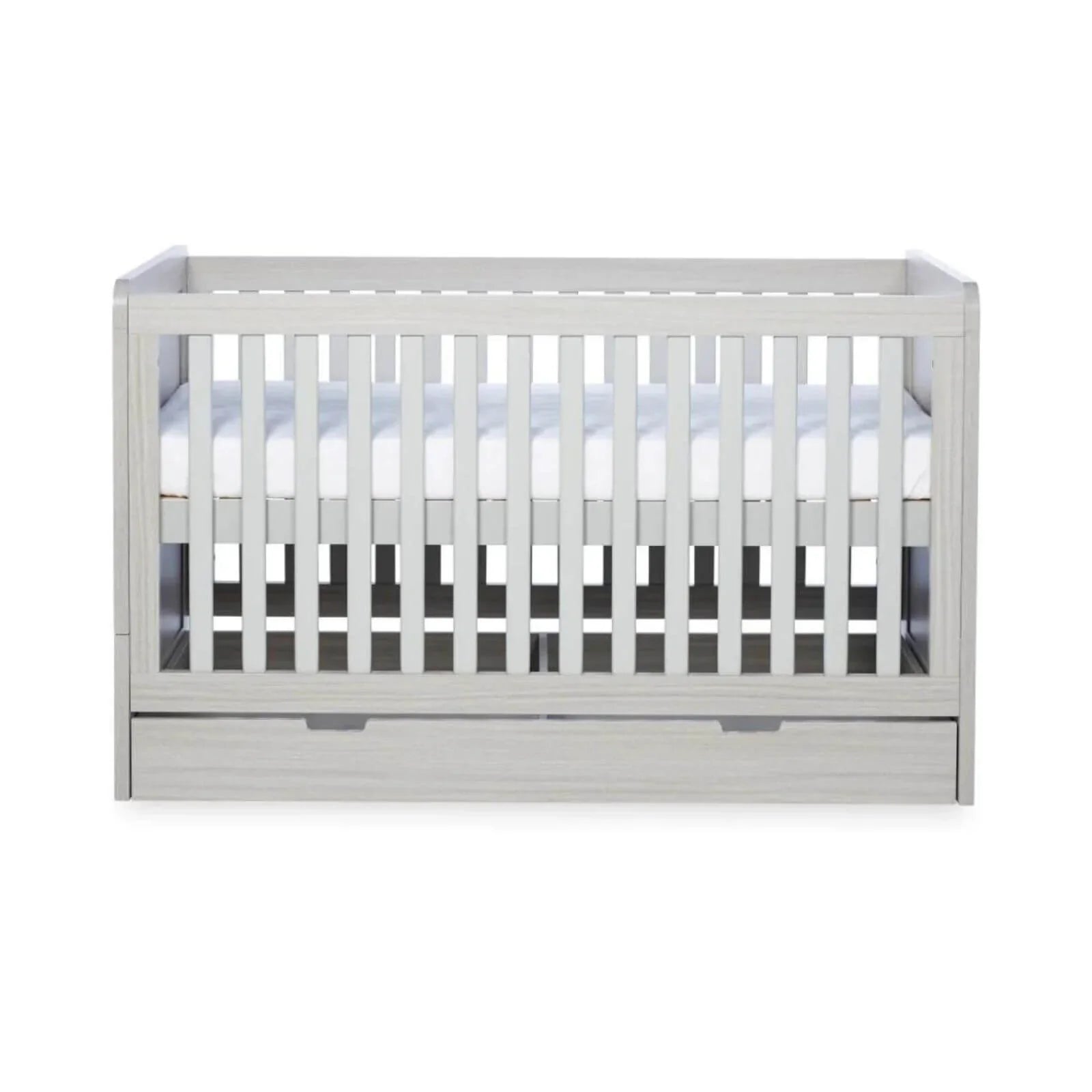 Ash grey cot bed frame front view with inner slats and under-drawer storage