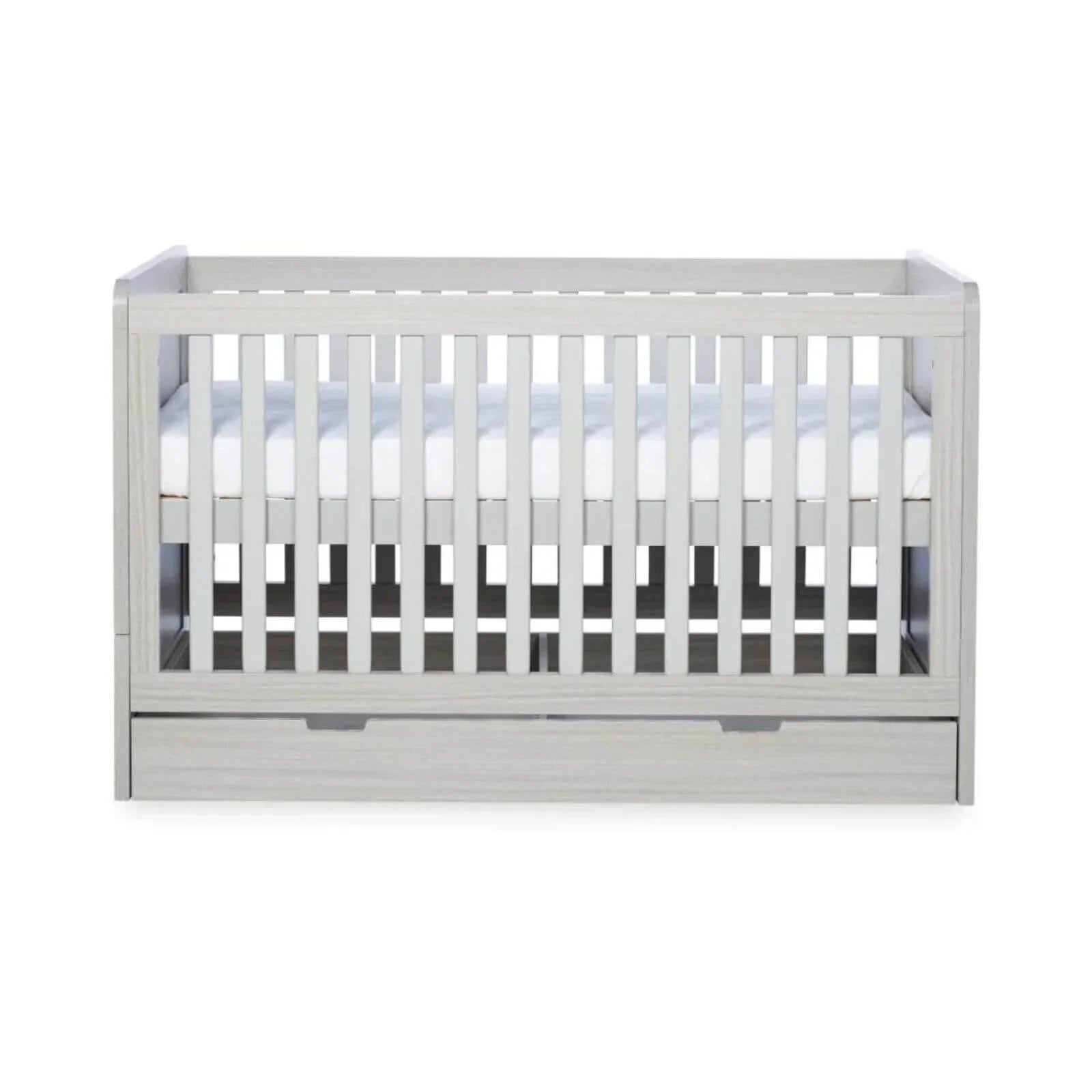 Ash grey cot bed interior view with white mattress and vertical slat rails