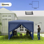 Blue pop-up gazebo with centered front opening and side window panels