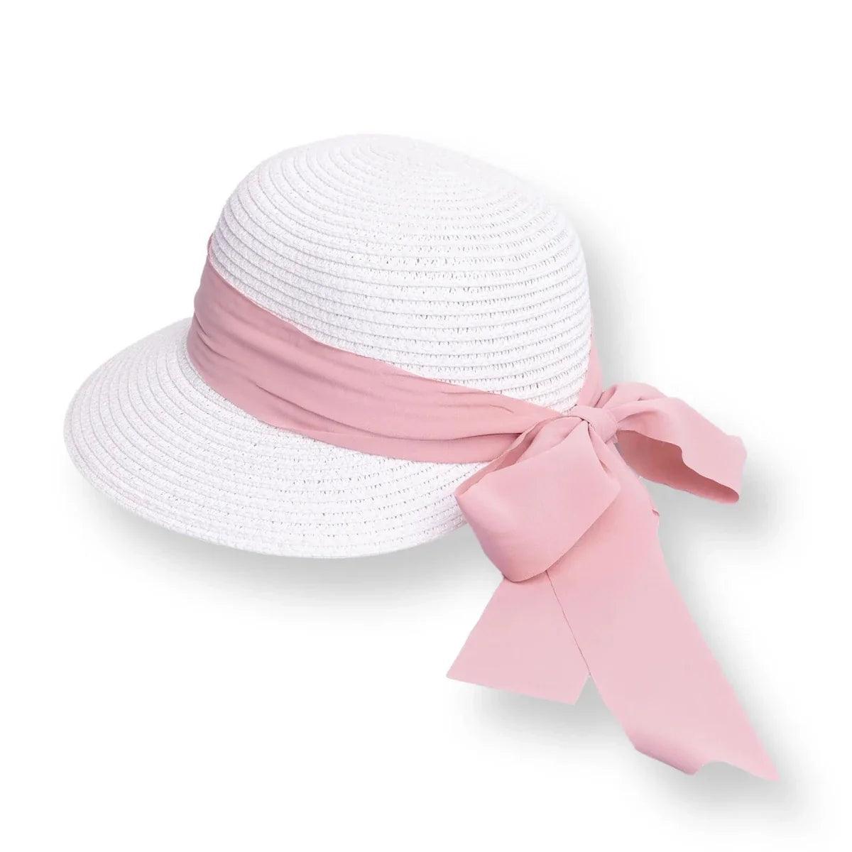 White straw baby sun hat with pink ribbon tie bow detail