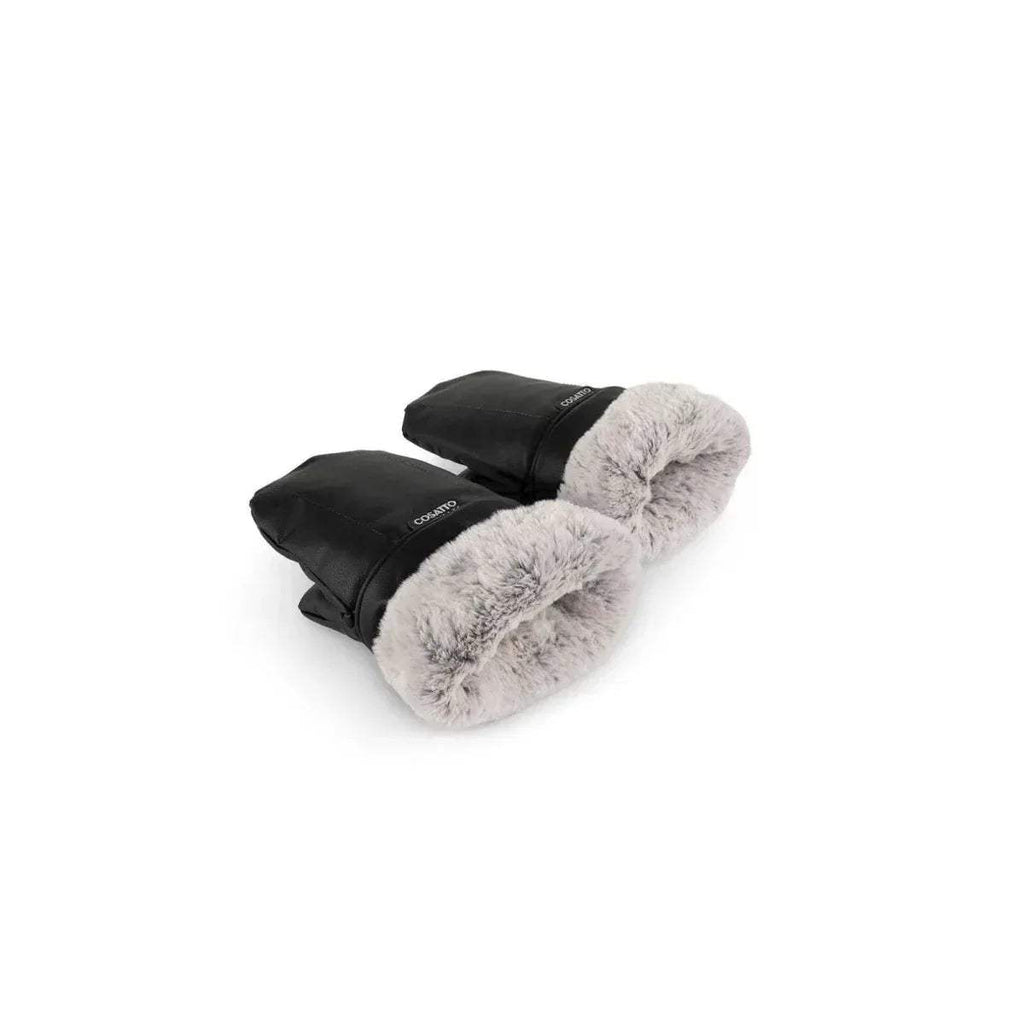 Pair of black heated snuggle mitts with gray plush lining, shown folded open