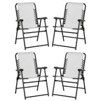 Set of four folding patio chairs with cream mesh backs and black armrests