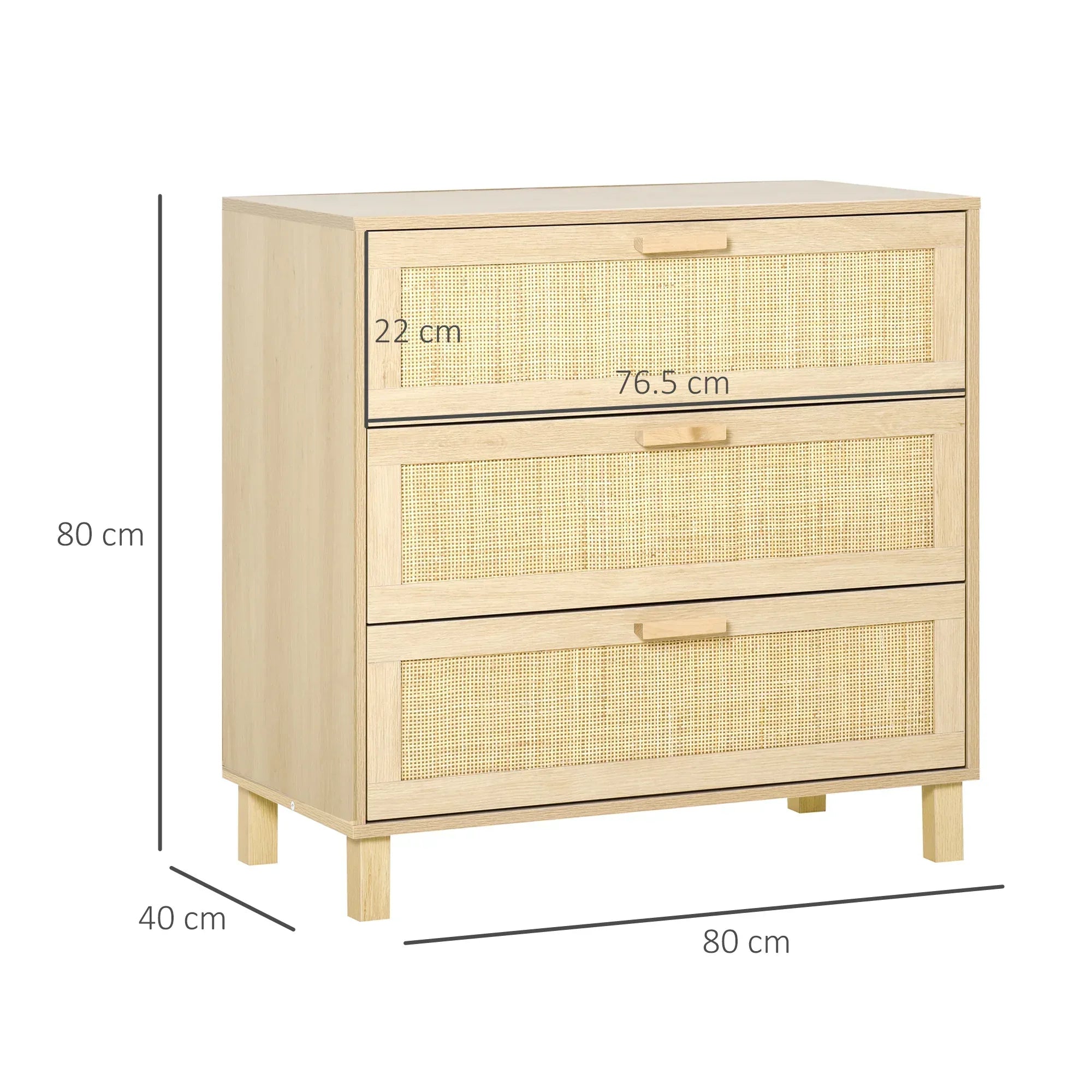 Rattan Bedroom Chest of Drawers, 3 Drawers Storage Unit, Boho Dresser for Living Room, Hallway, Natural - Bobobiy
