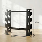 Black dumbbell storage rack with tiered side pegs and bottom support frame