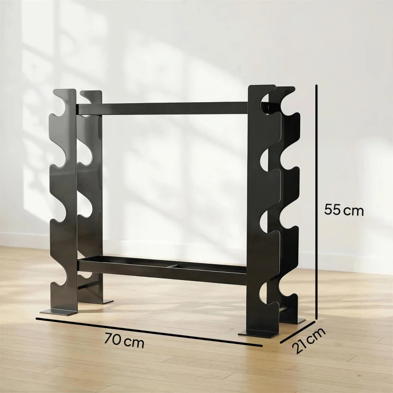 Black dumbbell storage rack with tiered side pegs and bottom support frame