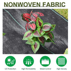 Black nonwoven weed barrier fabric close-up with green grid lines