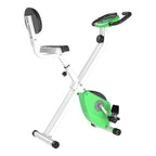 Green folding indoor exercise bike with LCD console and padded handlebars