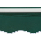 Green awning canopy fabric with scalloped valance edge and white trim