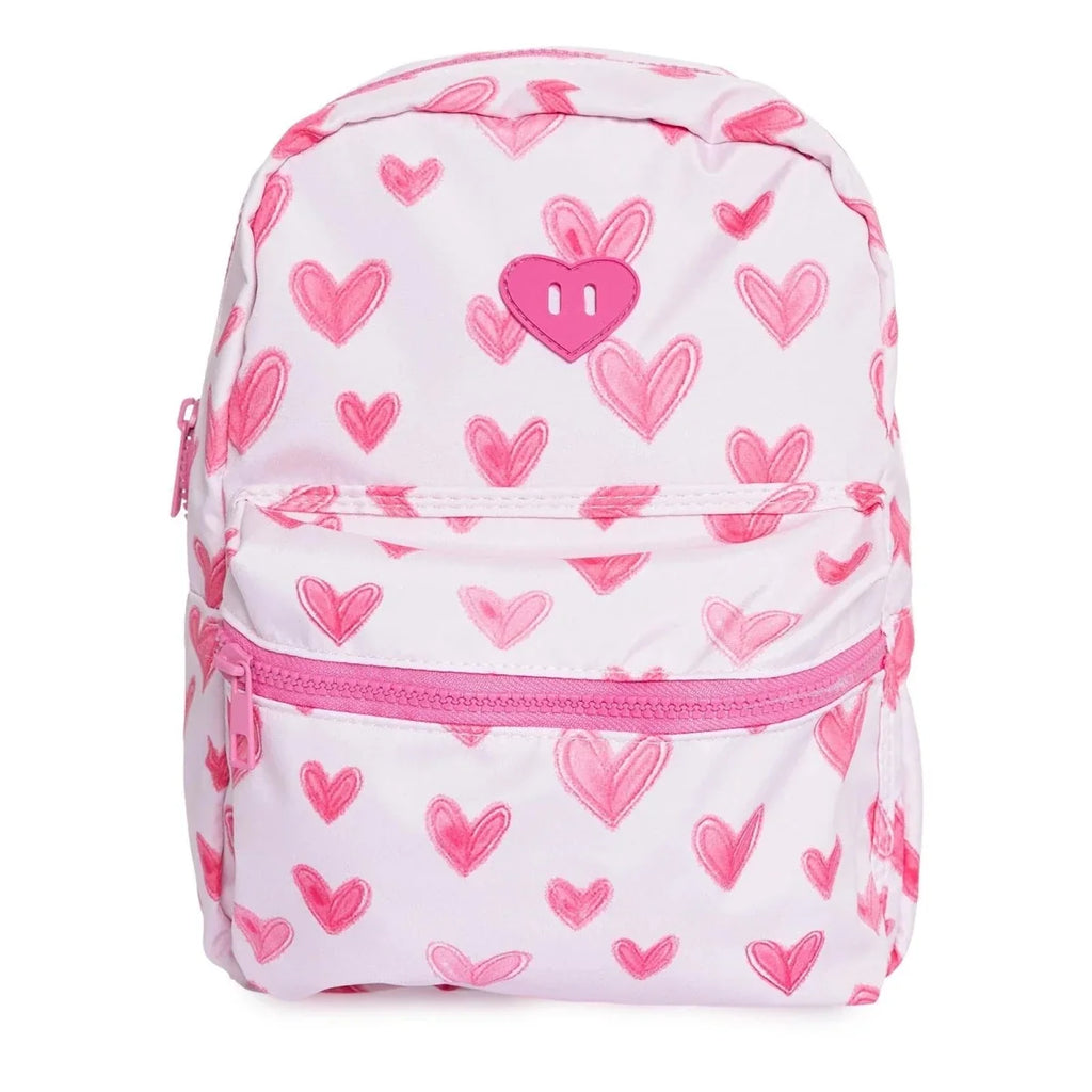 Pink heart-print kids backpack with front zipper, top handle and shoulder straps