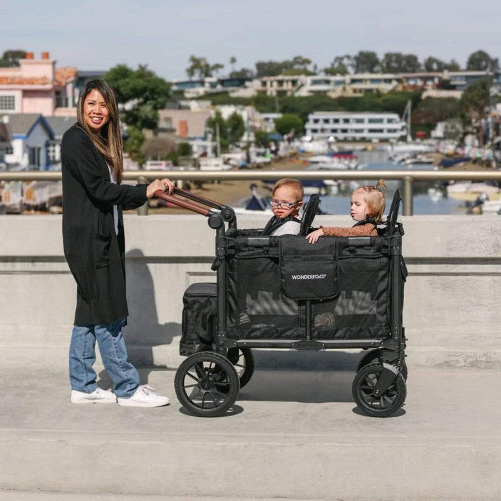 Jet Black stroller wagon with two children, front canopy and large wheels