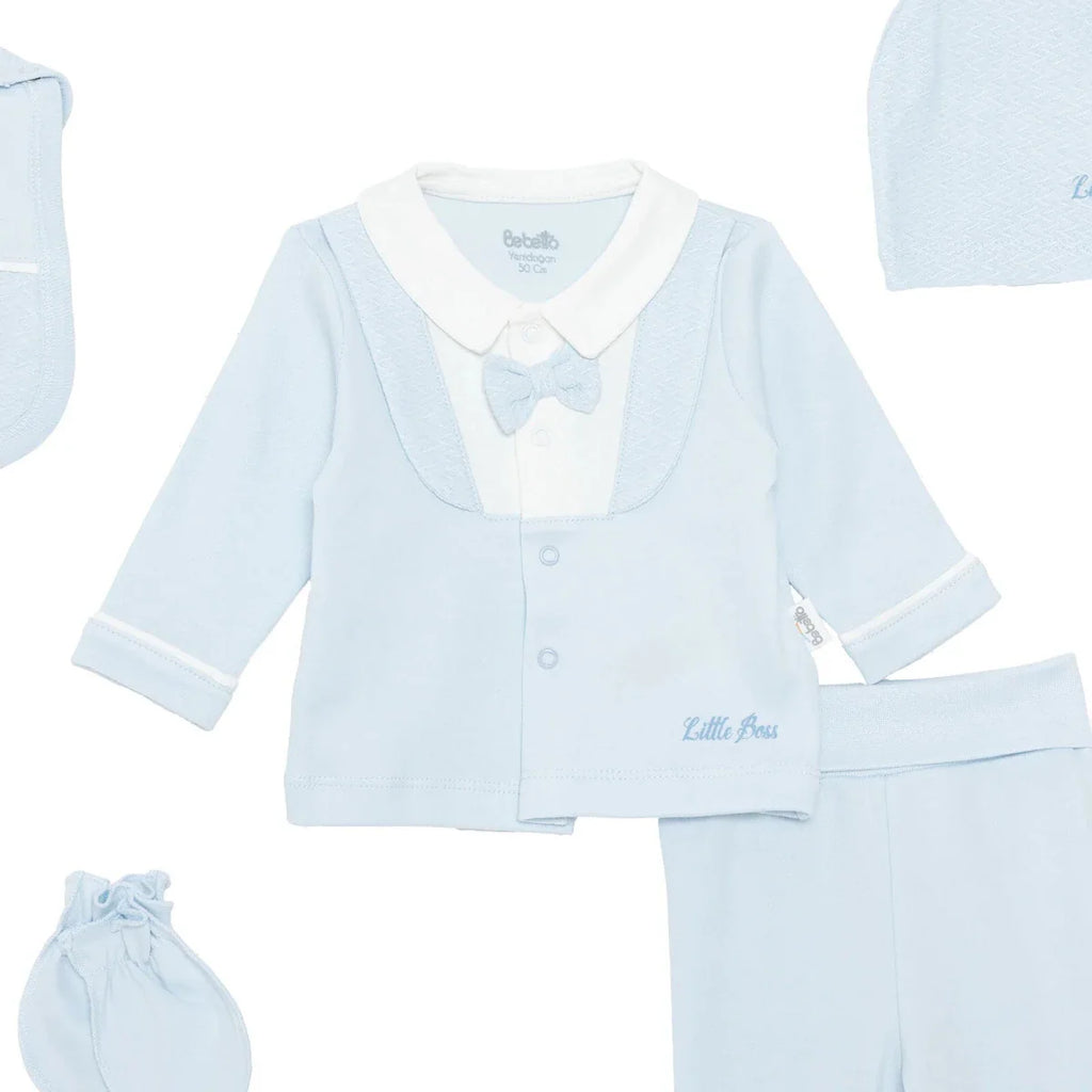 Bebetto Boys 5-Piece Newborn Hospital Set Snap Fastening Little Boss Shirt Collar Full Length Long S - Blue