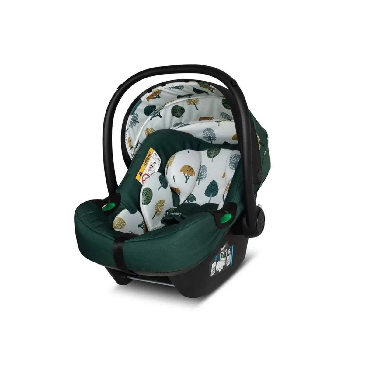 Green infant car seat with patterned insert and curved handle, side view