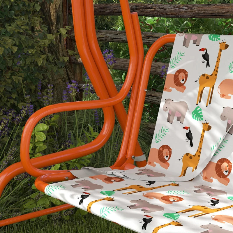 Kids swing bench seat cushion with animal print and orange safety bars
