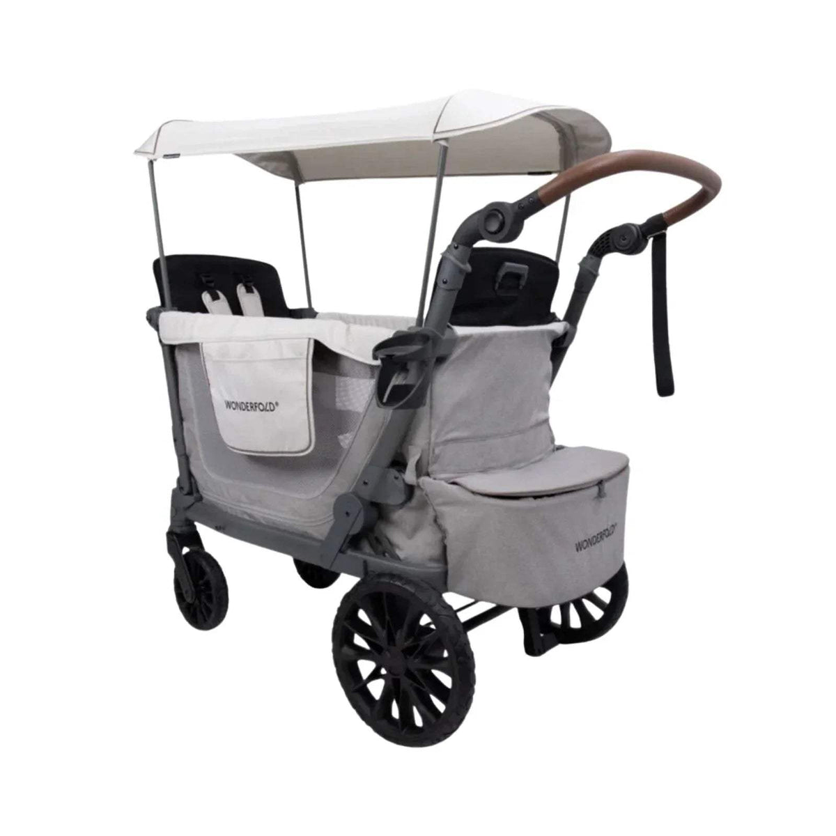 Grey stroller wagon with canopy and front tray, padded seats, large spoked wheels.