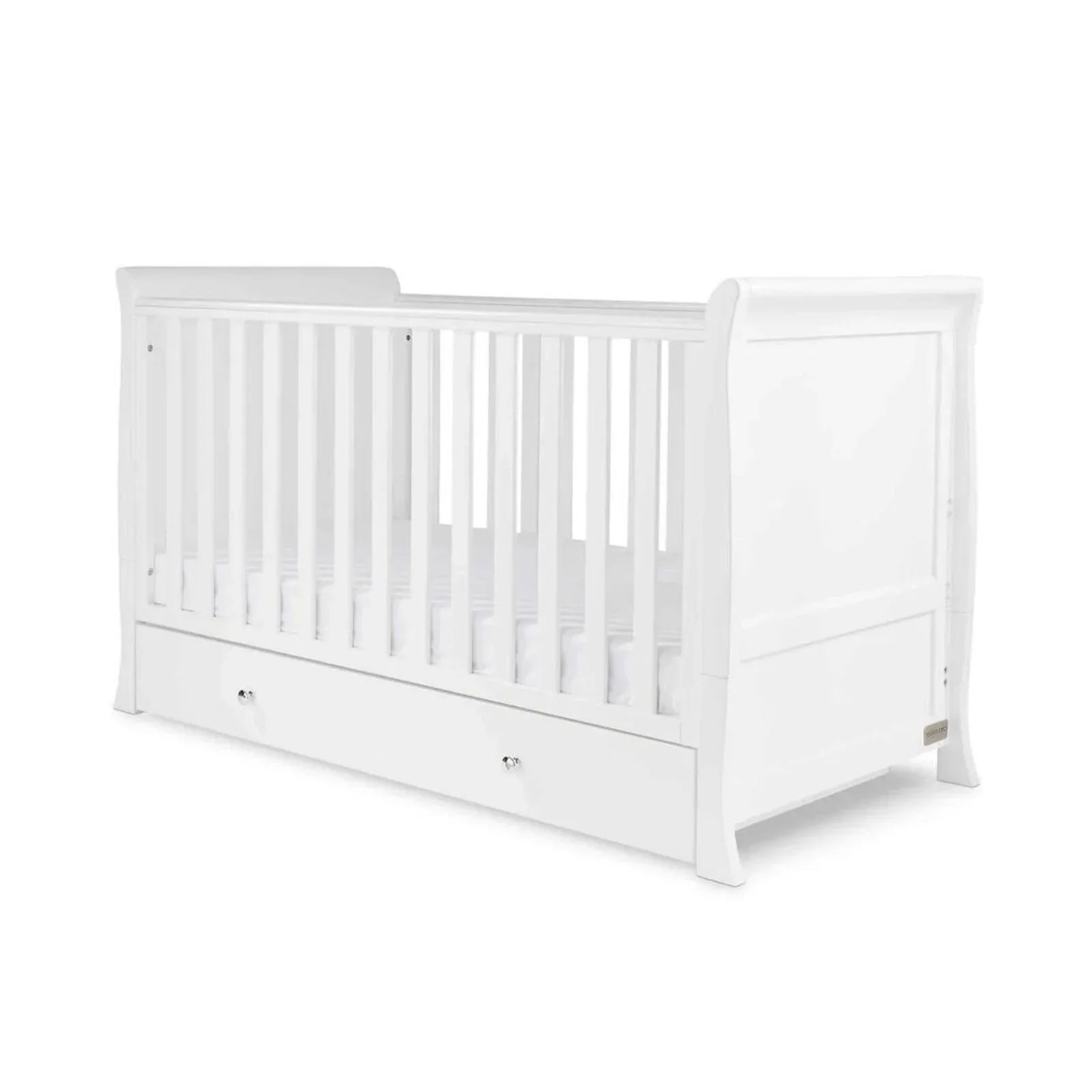 White cot bed with side slats and front drawer storage