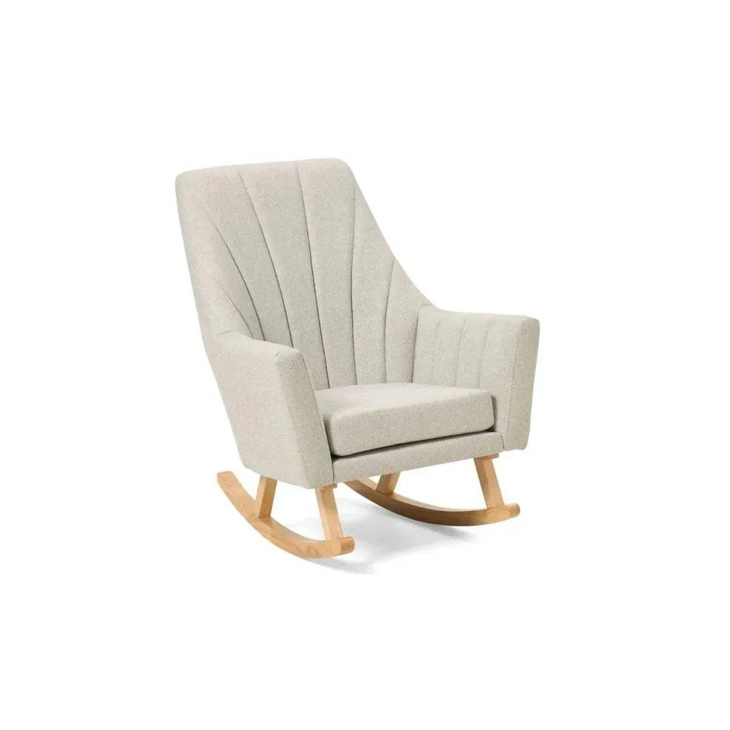 Beige upholstered rocking chair with cushioned armrests and curved wooden rockers