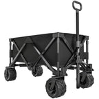 Black folding garden cargo wagon cart with telescopic pull handle and four all-terrain wheels
