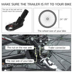 Green pet bicycle trailer hitch area and wheel, shown with fit diagram