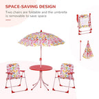 Kids outdoor bistro set with butterfly umbrella and two foldable chairs in compact layout