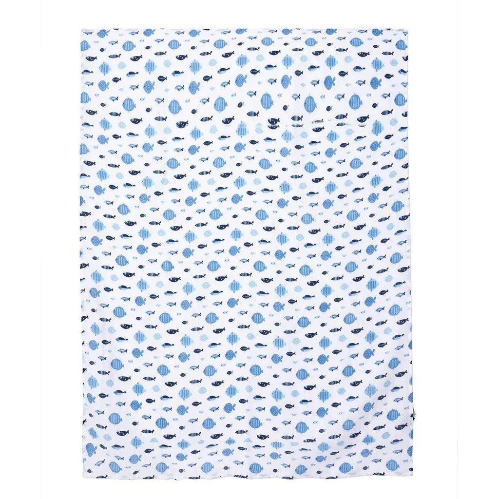 Blue muslin baby blanket flat lay with all-over fish and sea creature pattern