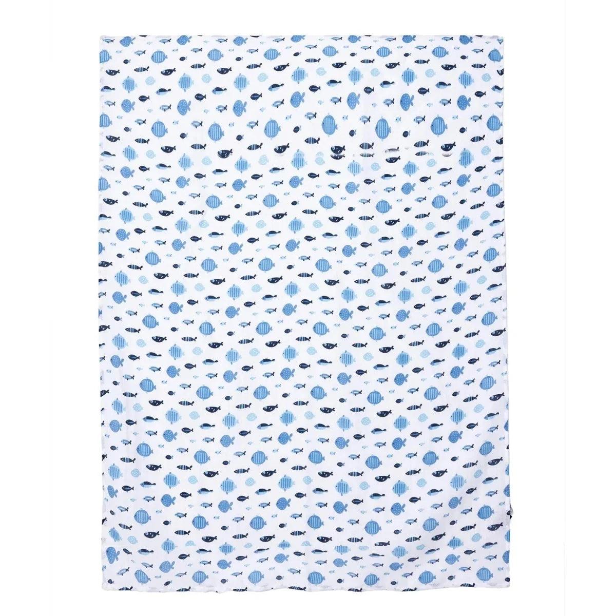 Blue muslin baby blanket flat lay with all-over fish and sea creature pattern