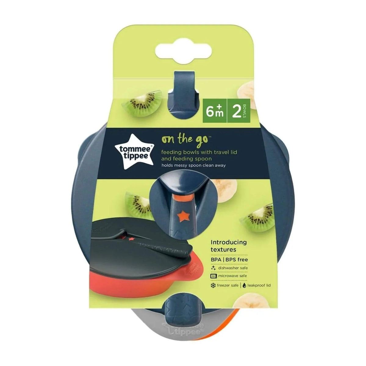 Tommee Tippee feeding bowl set package with two bowls, lids, and spoon shown