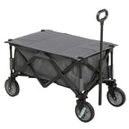 Dark grey folding utility wagon with canopy-style side panels and four rugged wheels