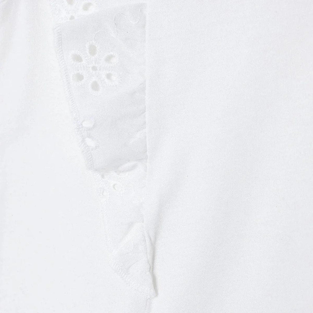 Off-white side seam with eyelet-stitched sleeve panel.