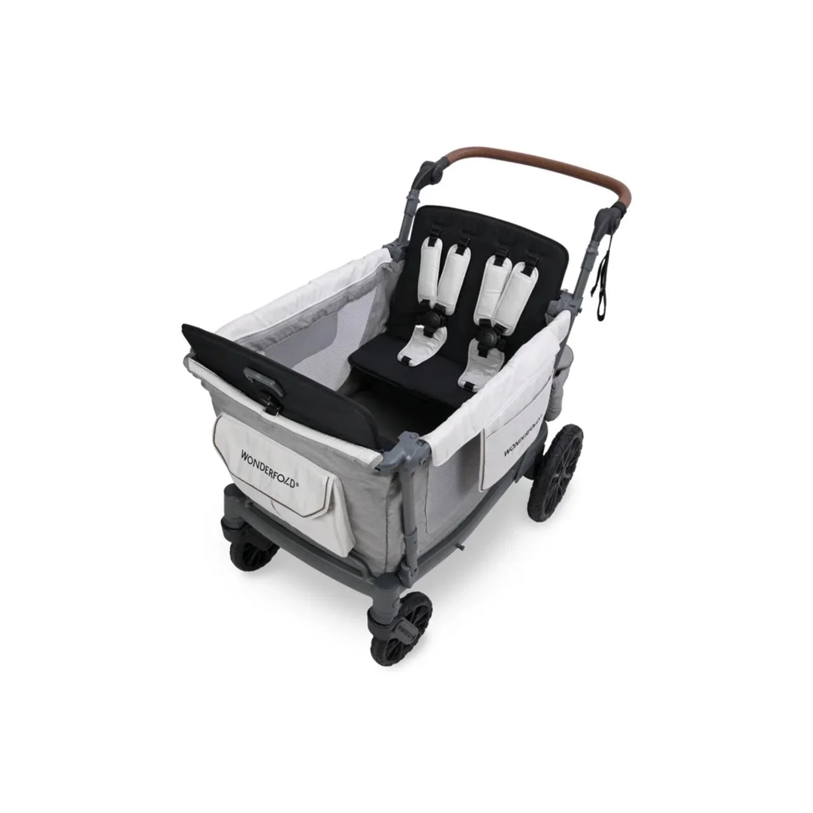 Grey stroller wagon with canopy and open seat; visible harness and padded cushions
