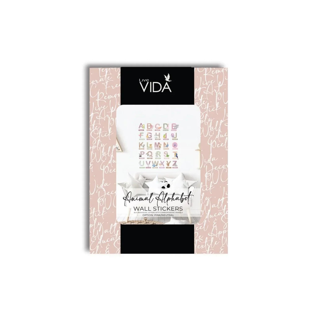 Live Vida Animal Alphabet wall sticker set packaging with pink letter chart