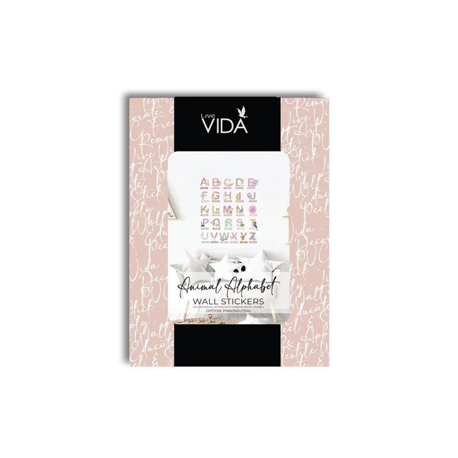 Live Vida Animal Alphabet wall sticker set packaging with pink letter chart