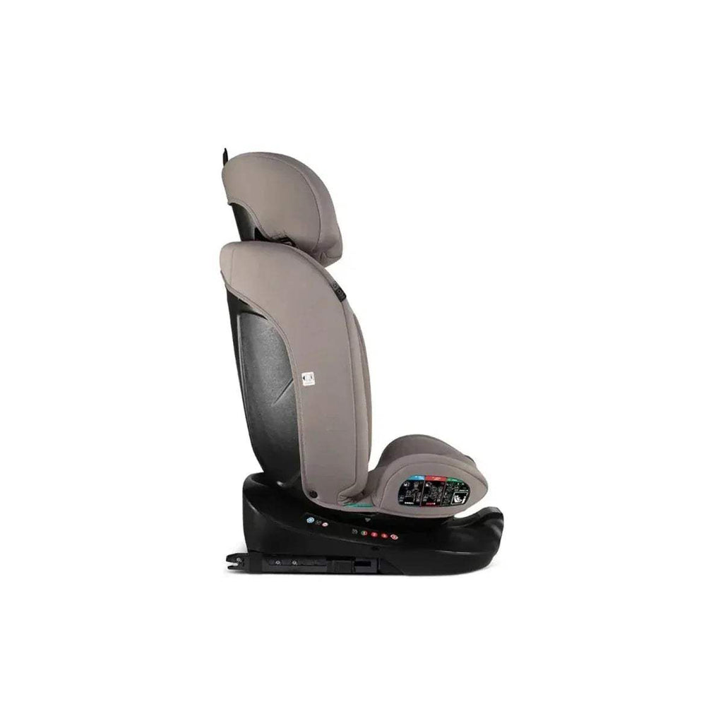 Reclining 360° car seat in taupe and black, integrated base and head restraint
