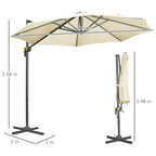 Cream cantilever garden parasol with crank handle and cross base, tilt and rotation